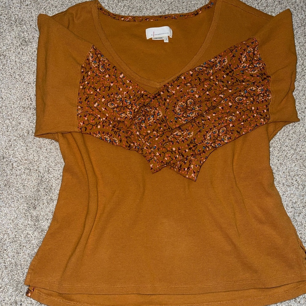Anthropologie Mustard Knit Top with Floral Trim